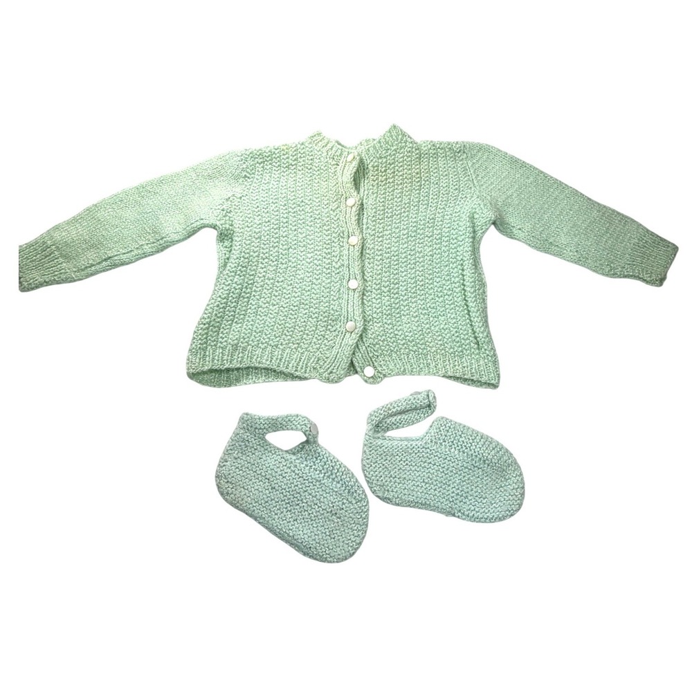 1950 - 60s Knit Baby Cardigan Sweater Booties Set Mint Green Newborn Vintage
